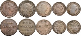 Monete di zecche italiane
Napoli 
Lotto di cinque monet.  Da 8 tornesi 1796 Cu (2). P.R. 96. MIR 390.  Da 3 tornesi 1789 Cu (RRR). P.R. 105a. MIR 39...