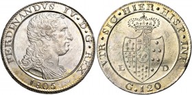 Monete di zecche italiane
Napoli 
II periodo: 1799-1805.  Piastra 1805.  Pagani 10b.  Pannuti-Riccio 9.  MIR 423.
q.Fdc