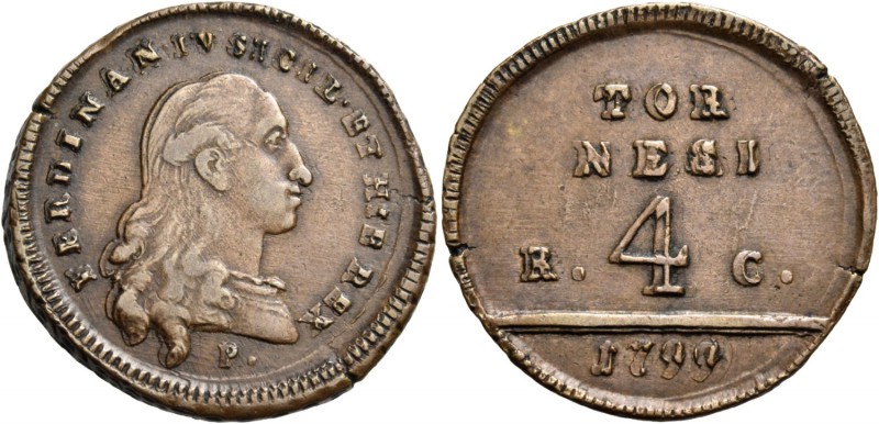 Monete di zecche italiane
Napoli 
II periodo: 1799-1805.  Da 4 tornesi 1799.  ...