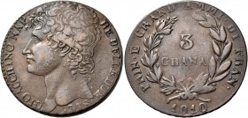 Monete di zecche italiane
Napoli 
Gioacchino Murat, 1808-1815. I periodo: monetazione duodecimale, 1808-1811.  Da 3 grana 1810.  Pagani 50f.  Pannut...