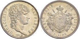 Monete di zecche italiane
Napoli 
II periodo: monetazione decimale, 1811-1814.  Da 5 lire 1812 (asse di conio parallelo).  Pagani 57.  Pannuti-Ricci...