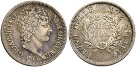Monete di zecche italiane
Napoli 
II periodo: monetazione decimale, 1811-1814.  Mezza lira 1813.  Pagani 63a.  Pannuti-Riccio 18.  MIR 444.
q.BB