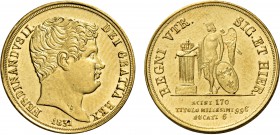 Monete di zecche italiane
Napoli 
Ferdinando II di Borbone, 1830-1859.  Da 6 ducati 1831.  Pagani 159.  Pannuti-Riccio 26.  MIR 492.
Impercettibile...