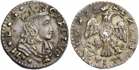 Monete di zecche italiane
Palermo 
(§)   Carlo II di Spagna, 1665-1700.  Mezzo tarì 1697, AR 1,32 g.  CAROLVS II D G  Busto coronato a d.  Rv. REX S...