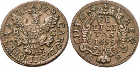 Monete di zecche italiane
Palermo 
(§)   Carlo II di Spagna, 1665-1700.  Grano 1699,  Æ 5,37 g.  CAROLVS II DEI GRATIA  Aquila coronata ad ali spieg...
