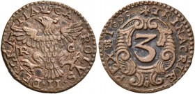 Monete di zecche italiane
Palermo 
(§)   Carlo II di Spagna, 1665-1700.  Da 3 piccioli 1699,  Æ 2,50 g.  CA – ROLVS II DEI GRA – TIA  Aquila coronat...