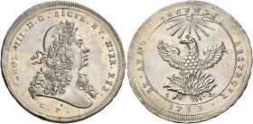 Monete di zecche italiane
Palermo 
Carlo III d’Austria, re di Sicilia 1720-1734 (VI come imperatore dal 1711).  Oncia da 30 tarì 1733,  AR 73,72 g. ...