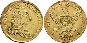 Monete di zecche italiane
Palermo 
Emissioni successive all’incoronazione, 1736-1758.  Doppia oncia 1758,  AV 8,82 g.  CAR D G SIC ET HIE REX  Busto...