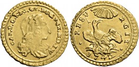 Monete di zecche italiane
Palermo 
Emissioni successive all’incoronazione, 1736-1758.  Oncia 1742,  AV 4,37 g.  CAR D G SIC ET HIE REX HIS IN  Busto...
