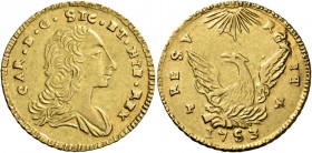 Monete di zecche italiane
Palermo 
Emissioni successive all’incoronazione, 1736-1758.  Oncia 1753,  AV 4,38 g.  CAR D G SIC ET HIE REX HIS IN  Busto...