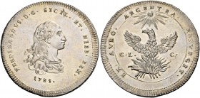 Monete di zecche italiane
Palermo 
Ferdinando III poi I di Borbone, 1759-1825.  Oncia da 30 tarì 1785,  AR 68,22 g.  FERDINANDVS D G SIC ET HIER REX...