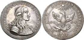 Monete di zecche italiane
Palermo 
Ferdinando III poi I di Borbone, 1759-1825.  Oncia da 30 tarì 1791,  AR 68,02 g.  FERDINANDVS D G SIC ET HIER REX...