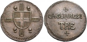 Monete di zecche italiane
Savoia 
Vittorio Emanuele I, 1802-1821. Monetazione per la Sardegna.  Da 3 Cagliaresi 1813.  Pagani 21a.  MIR 1025 var.
M...