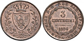 Monete di zecche italiane
Savoia 
Carlo Felice, 1821-1831.  Da 3 Centesimi 1826 Torino.  Pagani 130 var. (taglio rigato). MIR 1041b. 
Rara. q.Fdc
...