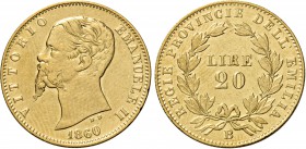 Monete di zecche italiane
Savoia 
Vittorio Emanuele II re eletto, 1859-1861.  Da 20 lire 1860 Bologna.  Pagani 430.  MIR 1061a.
Rarissima. BB / q.S...