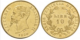 Monete di zecche italiane
Savoia 
Vittorio Emanuele II re eletto, 1859-1861.  Da 10 lire 1860 Bologna.  Pagani 431.  MIR 1062a.
Molto rara. Imperce...