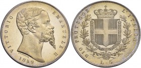 Monete di zecche italiane
Savoia
Vittorio Emanuele II re eletto, 1859-1861.  Da 5 lire 1859 Bologna.  Pagani 432.  MIR 1063a.
Estremamente rara. Fo...