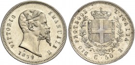 Monete di zecche italiane
Savoia
Vittorio Emanuele II re eletto, 1859-1861.  Da 50 centesimi 1859 Bologna.  Pagani 442.  MIR 1068a.
Raro. Fdc
NGC ...
