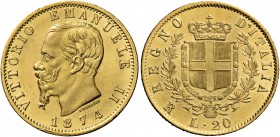 Monete di zecche italiane
Savoia 
Vittorio Emanuele II re d’Italia, 1861-1878.  Da 20 lire 1874 Roma.  Pagani 471.  MIR 1078r.
Spl