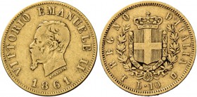 Monete di zecche italiane
Savoia 
Vittorio Emanuele II re d’Italia, 1861-1878.  Da 10 lire 1861 Torino.  Pagani 476.  MIR 1079a.
Estremamente rara....
