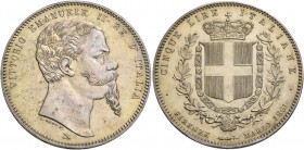 Monete di zecche italiane
Savoia 
Vittorio Emanuele II re d’Italia, 1861-1878.  Da 5 lire 1861 Firenze.  Pagani 481.  MIR 1081a.
Molto rara. Legger...
