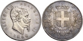 Monete di zecche italiane
Savoia 
Vittorio Emanuele II re d’Italia, 1861-1878.  Da 5 lire 1866 Napoli.  Pagani 488.  MIR 1082g.
Rarissima. Patina d...