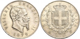 Monete di zecche italiane
Savoia 
Vittorio Emanuele II re d’Italia, 1861-1878.  Da 5 lire 1870 Milano.  Pagani 490.  MIR 1082i.
Fdc