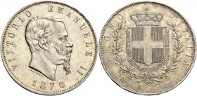 Monete di zecche italiane
Savoia
Vittorio Emanuele II re d’Italia, 1861-1878.  Da 5 lire 1870 Roma.  Pagani 491.  MIR 1082j.
Rara. Fondi speculari ...