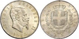 Monete di zecche italiane
Savoia 
Vittorio Emanuele II re d’Italia, 1861-1878.  Da 5 lire 1873 Milano.  Pagani 496.  MIR 1082r.
Fdc
Ex asta Raffae...
