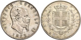 Monete di zecche italiane
Savoia 
Vittorio Emanuele II re d’Italia, 1861-1878.  Da 5 lire 1873 Roma.  Pagani 497.  MIR 1082s.
Rarissima. q.BB