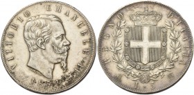 Monete di zecche italiane
Savoia 
Vittorio Emanuele II re d’Italia, 1861-1878.  Da 5 lire 1874 Milano.  Pagani 498. MIR 1082t.
Spl