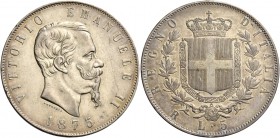 Monete di zecche italiane
Savoia 
Vittorio Emanuele II re d’Italia, 1861-1878.  Da 5 lire 1875 Roma (segno di zecca piccolo).  Pagani 500 var.  MIR ...