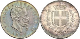 Monete di zecche italiane
Savoia 
Vittorio Emanuele II re d’Italia, 1861-1878.  Da 5 lire 1877 Roma.  Pagani 502.  MIR 1082z.
Patina iridescente, F...