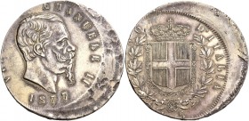 Monete di zecche italiane
Savoia 
Vittorio Emanuele II re d’Italia, 1861-1878.  Da 5 lire 1877 Roma. Coniata fuori asse.  Pagani –. MIR –.
Spl...