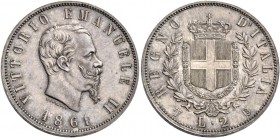 Monete di zecche italiane
Savoia
Vittorio Emanuele II re d’Italia, 1861-1878.  Da 2 lire 1861 Torino. Stemma.  Pagani 504.  MIR 1083a.
Rarissima e ...
