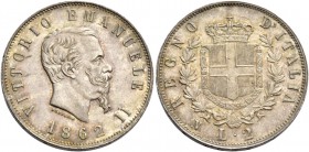 Monete di zecche italiane
Savoia
Vittorio Emanuele II re d’Italia, 1861-1878.  Da 2 lire 1862 Napoli. Stemma.  Pagani 505.  MIR 1083b.
Molto rara e...