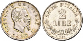 Monete di zecche italiane
Savoia 
Vittorio Emanuele II re d’Italia, 1861-1878.  Da 2 lire 1863 Napoli. Valore.  Pagani 508.  MIR 1084a.
Bella patin...