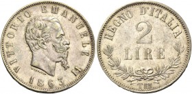 Monete di zecche italiane
Savoia 
Vittorio Emanuele II re d’Italia, 1861-1878.  Da 2 lire 1863 Torino. Valore.  Pagani 509.  MIR 1084b.
Rara. Migli...