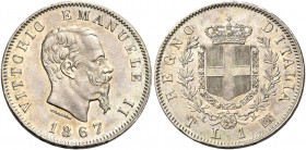 Monete di zecche italiane
Savoia
Vittorio Emanuele II re d’Italia, 1861-1878.  Lira 1867 Torino. Stemma.  Pagani 519.  MIR 1085h.
Molto rara. Conse...