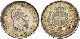 Monete di zecche italiane
Savoia 
Vittorio Emanuele II re d’Italia, 1861-1878.  Da 50 centesimi 1862 Napoli. Stemma.  Pagani 523.  MIR 1087c.
Raro....