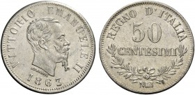 Monete di zecche italiane
Savoia 
Vittorio Emanuele II re d’Italia, 1861-1878.  Da 50 centesimi 1863 Napoli. Valore.  Pagani 528.  MIR 1088b.
q.Fdc...