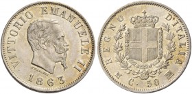 Monete di zecche italiane
Savoia
Vittorio Emanuele II re d’Italia, 1861-1878.  Da 50 centesimi 1863 Milano. Stemma.  Pagani 525.  MIR 1087e.
Fdc
N...