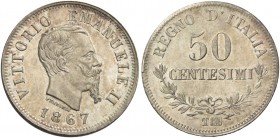 Monete di zecche italiane
Savoia
Vittorio Emanuele II re d’Italia, 1861-1878.  Da 50 centesimi 1867 Torino. Valore.  Pagani 533.  MIR 1088g.
Molto ...
