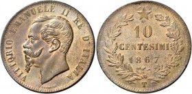 Monete di zecche italiane
Savoia 
Vittorio Emanuele II re d’Italia, 1861-1878.  Da 10 centesimi 1867 Torino.  Pagani 548.  MIR 1092k.
Fdc
Ex asta ...