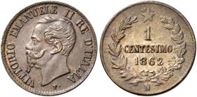 Monete di zecche italiane
Savoia 
Vittorio Emanuele II re d’Italia, 1861-1878.  Centesimo 1862 (2 su 1) Napoli.  Pagani 564 var. MIR 1095e.
Molto r...