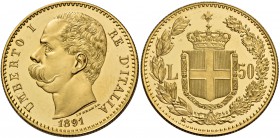 Monete di zecche italiane
Savoia
Umberto I, 1878-1900.  Da 50 lire 1891.  Pagani 574.  MIR 1097c.
Estremamente rara. Conservazione eccezionale, Fdc...