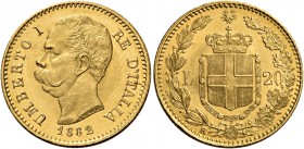 Monete di zecche italiane
Savoia
Umberto I, 1878-1900.  Da 20 Lire 1882 (2 su 1).  Pagani 578 var.  MIR 1098e var.
Rara. Fdc
Ex asta Raffaele Negr...
