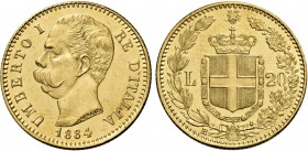 Monete di zecche italiane
Savoia
Umberto I, 1878-1900.  Da 20 lire 1884.  Pagani 580.  MIR 1098i.
Molto rara. q.Fdc
Sigillata Emilio Tevere, fotog...
