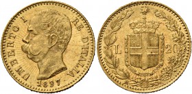 Monete di zecche italiane
Savoia 
Umberto I, 1878-1900.  Da 20 lire 1897 oro rosso.  Pagani 588 var.  MIR 1098t.
Molto rara. Segnetti da contatto, ...