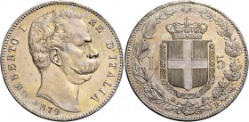 Monete di zecche italiane
Savoia 
Umberto I, 1878-1900.  Da 5 lire 1879.  Pagani 590.  MIR 1100a.
Spl / migliore di Spl